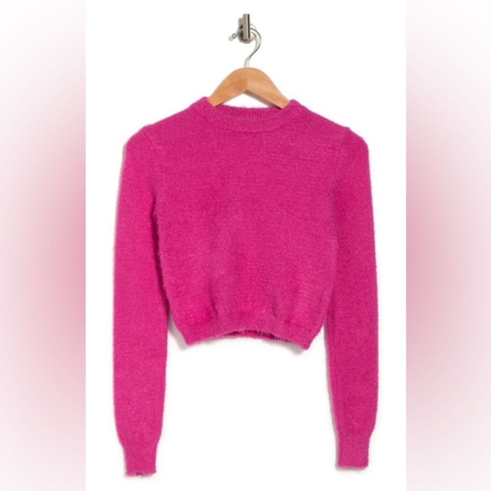 NWT Abound Fuzzy Knit Cropped Sweater Crewneck In Hot Pink Cyclamen Size Xs